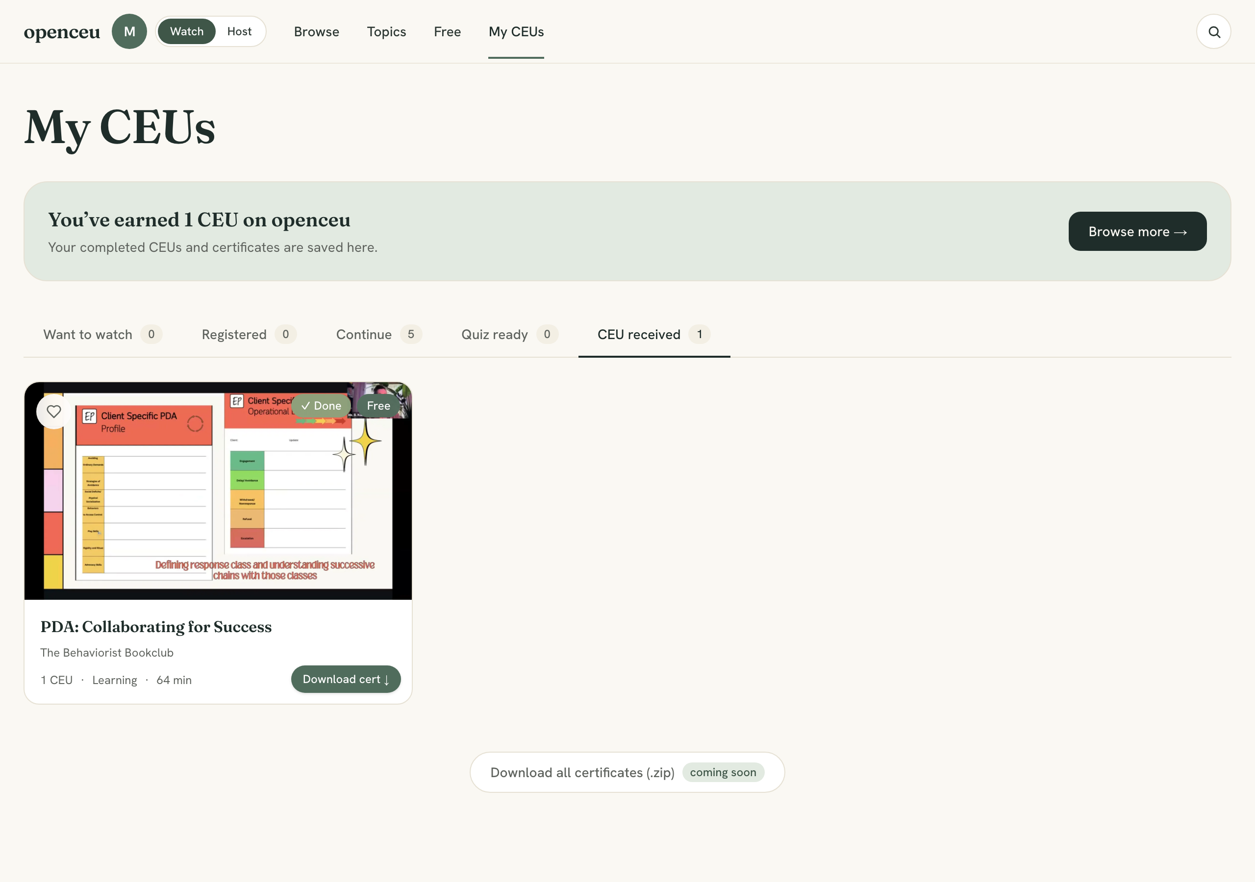 OpenCEU library showing a completed CEU with a certificate download