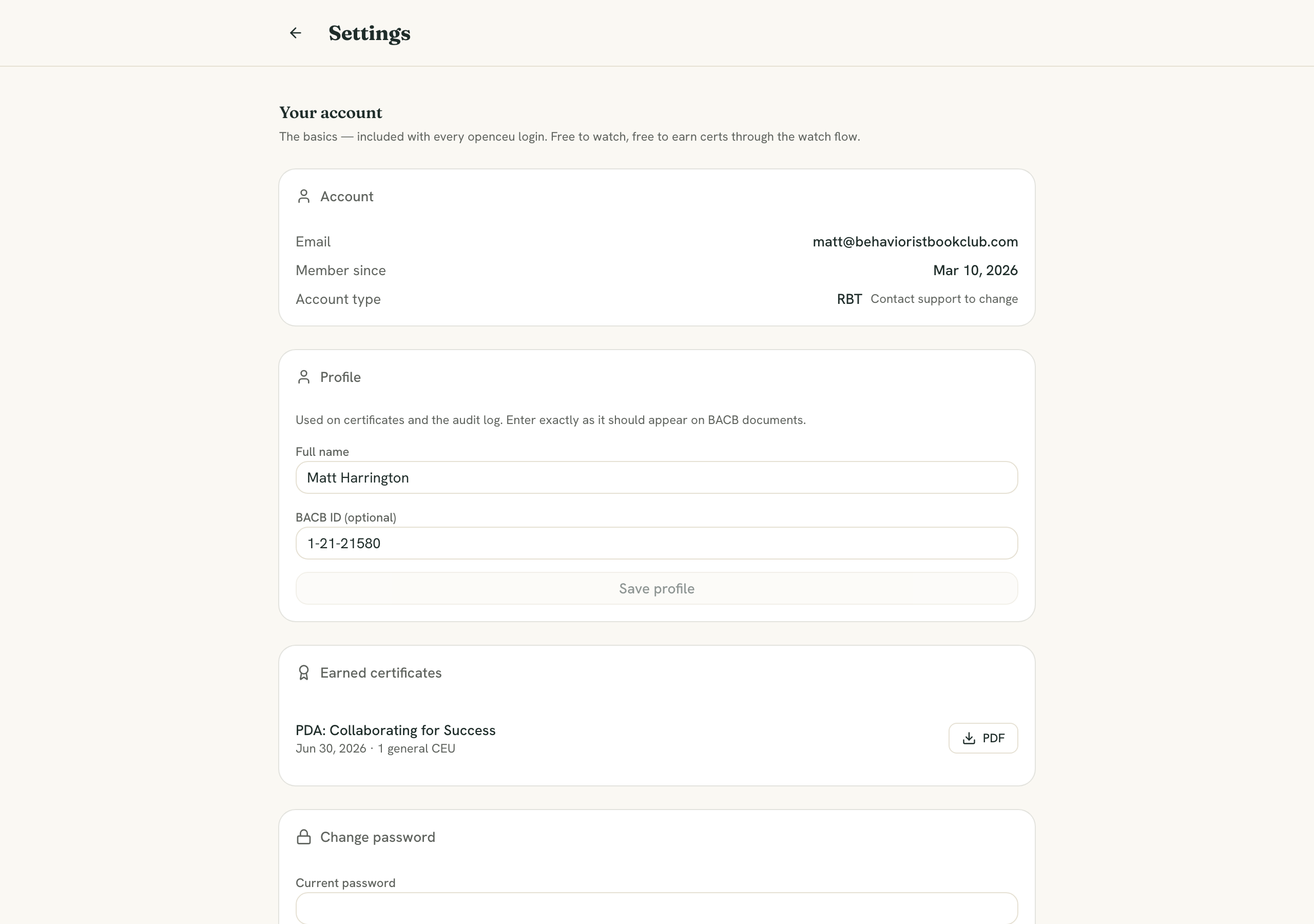 OpenCEU settings page with full name and BACB certificant number fields