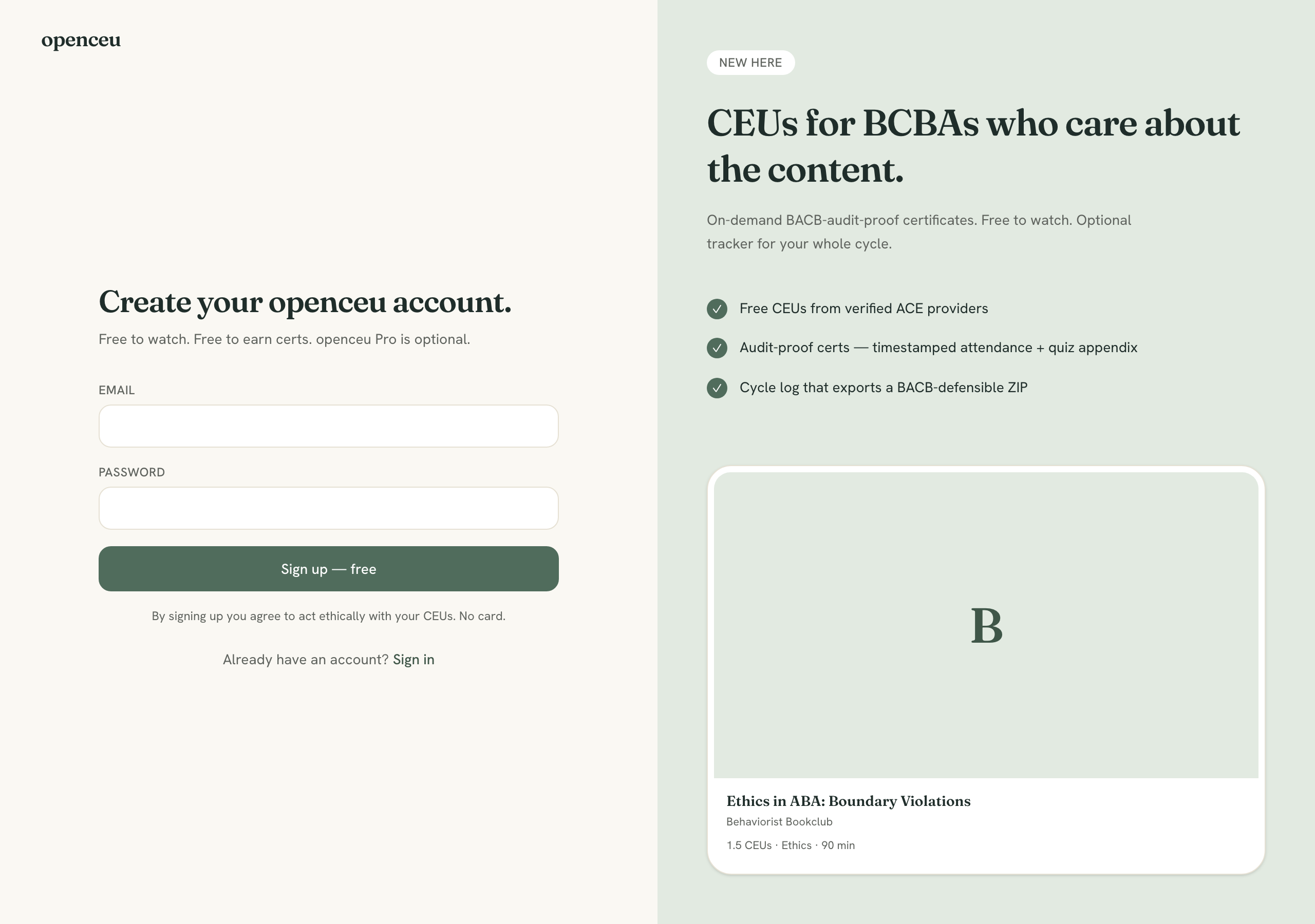 OpenCEU create-account screen with email and password fields