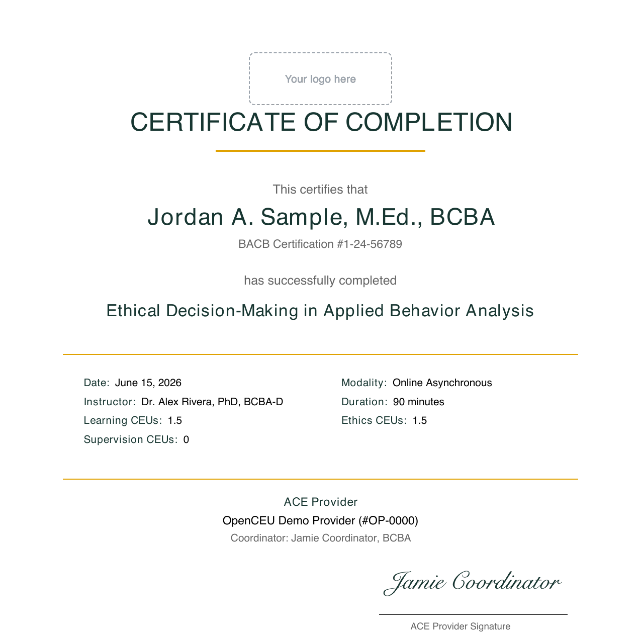 Sample OpenCEU certificate of completion