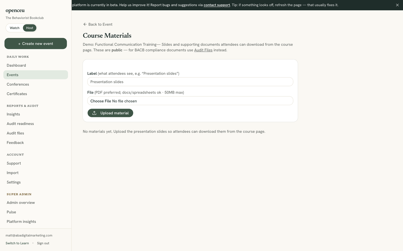 Materials upload form with a label field and file picker