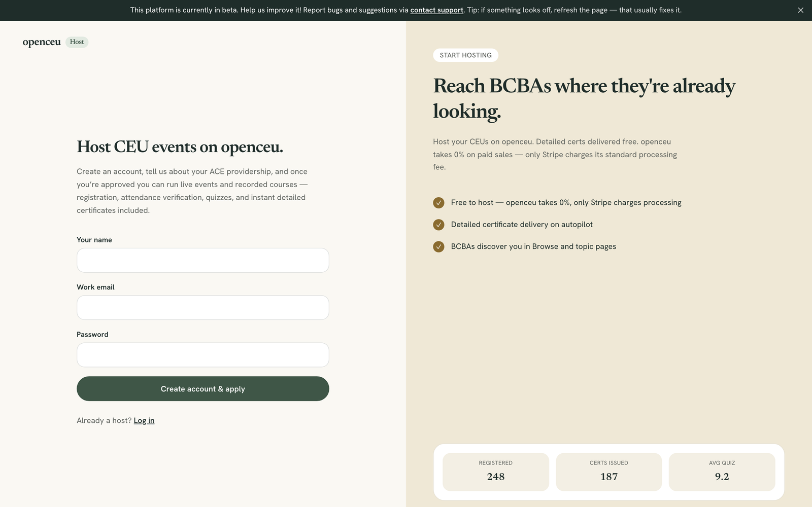 Host signup form with name, email, and password fields