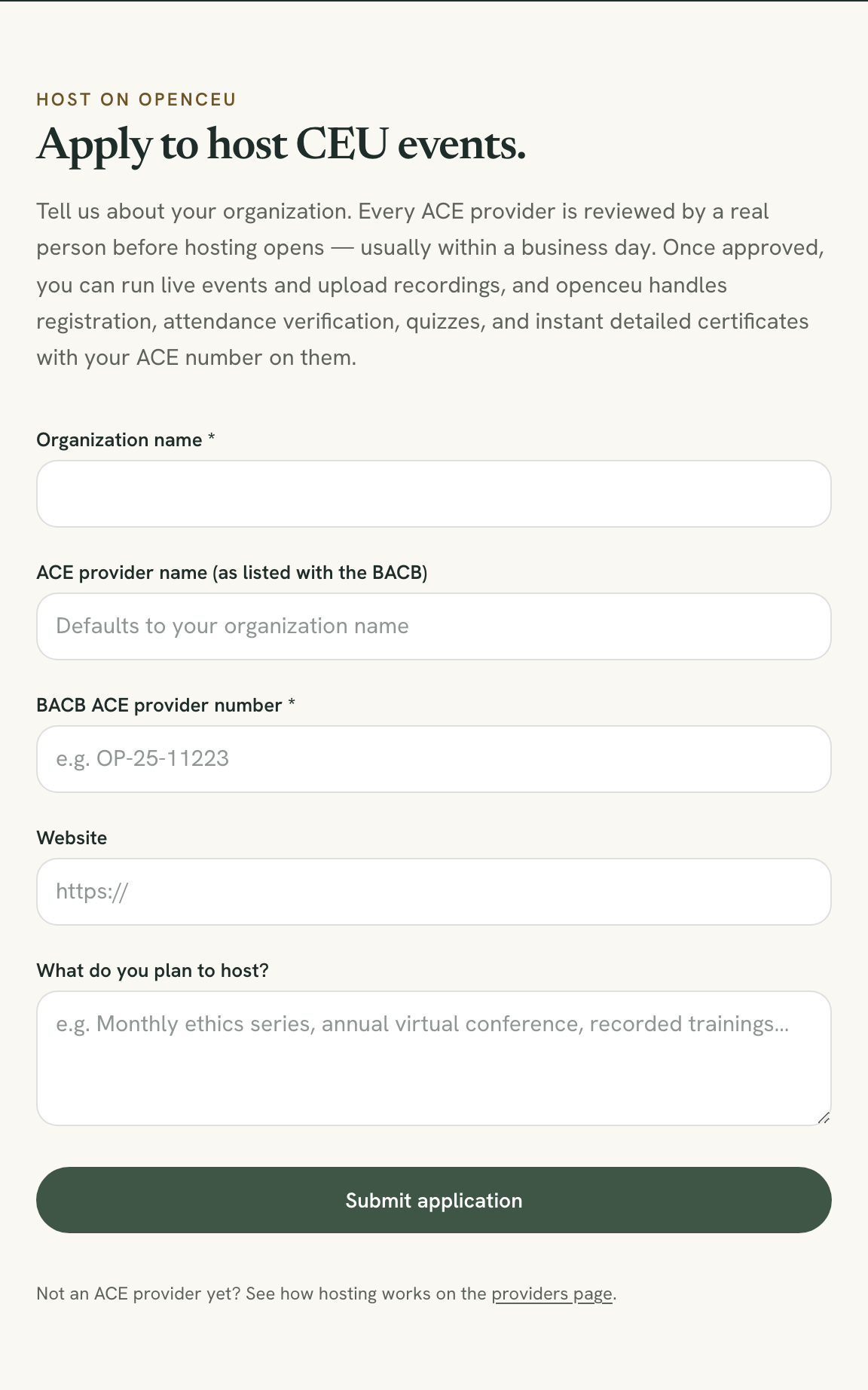 Apply to host form with organization name and ACE provider number fields