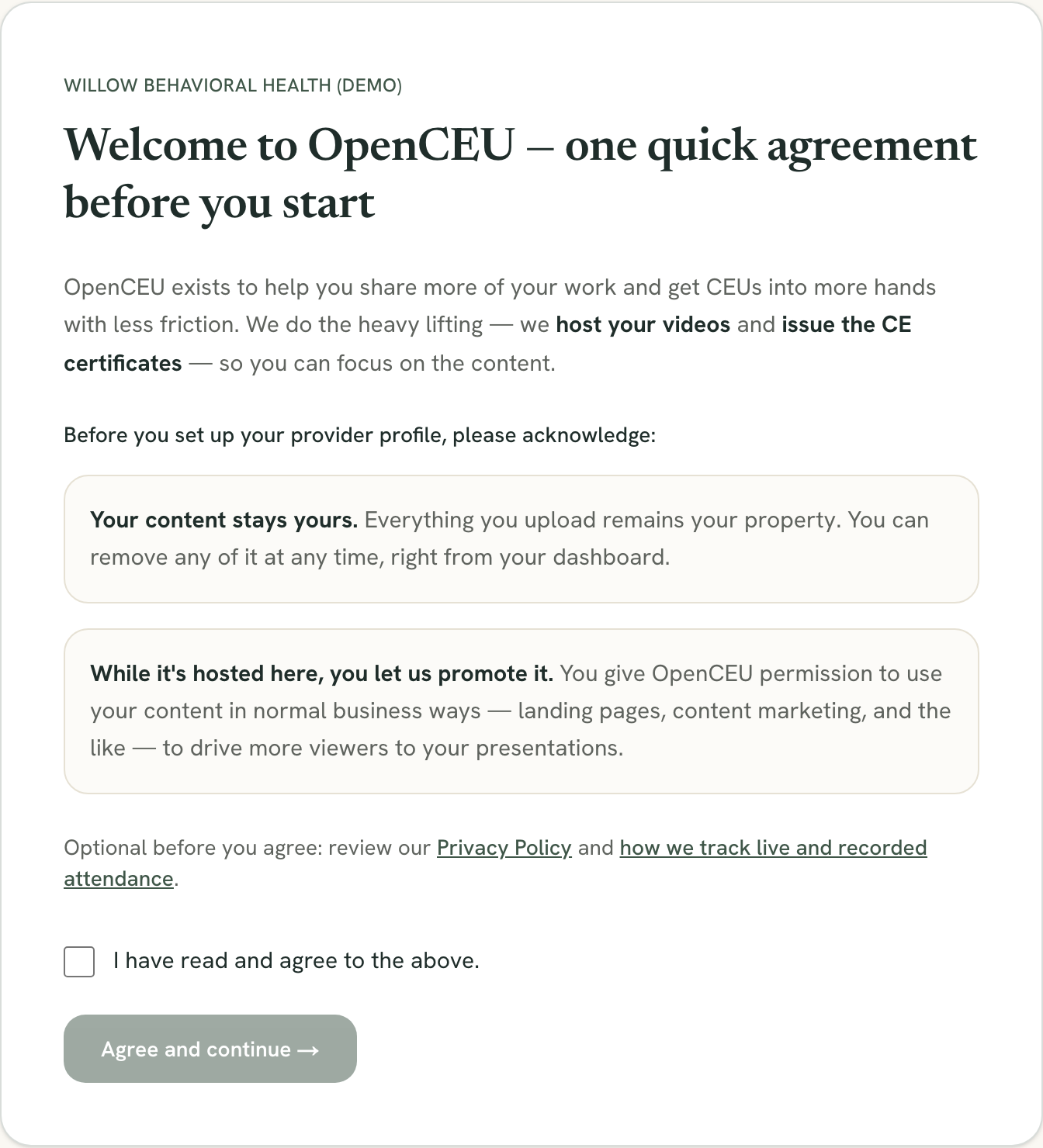 Welcome page with the hosting agreement checkbox and Agree and continue button