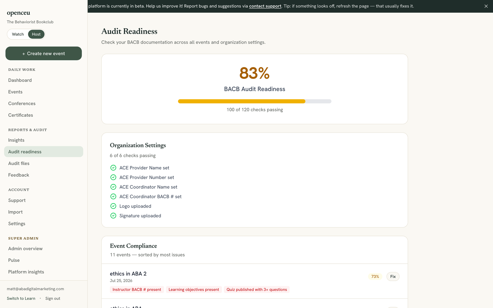 Audit readiness page with a large readiness percentage