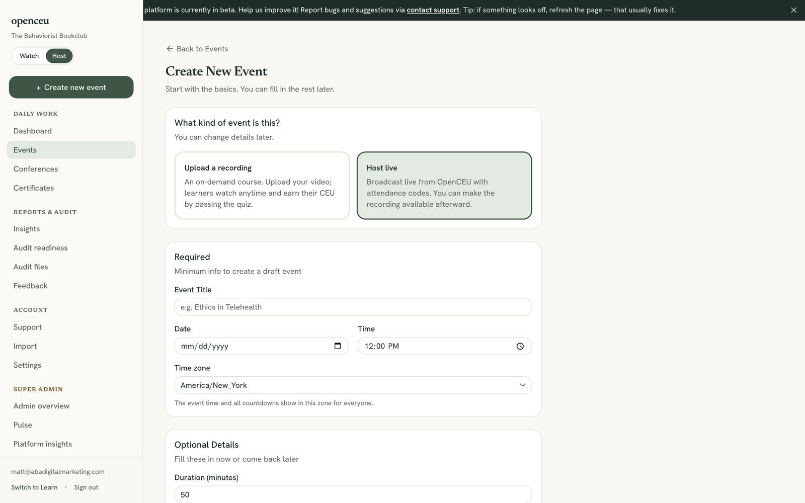 New event form with title, date, time, and timezone fields