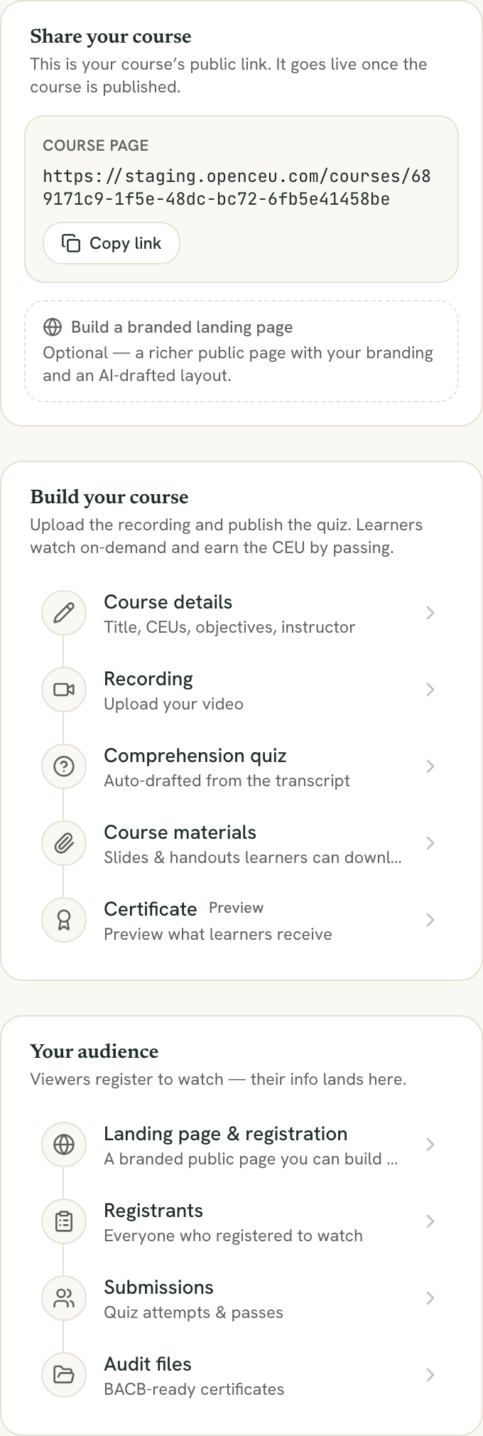 Build your course checklist with Course details, Recording, Comprehension quiz, Course materials, and Certificate