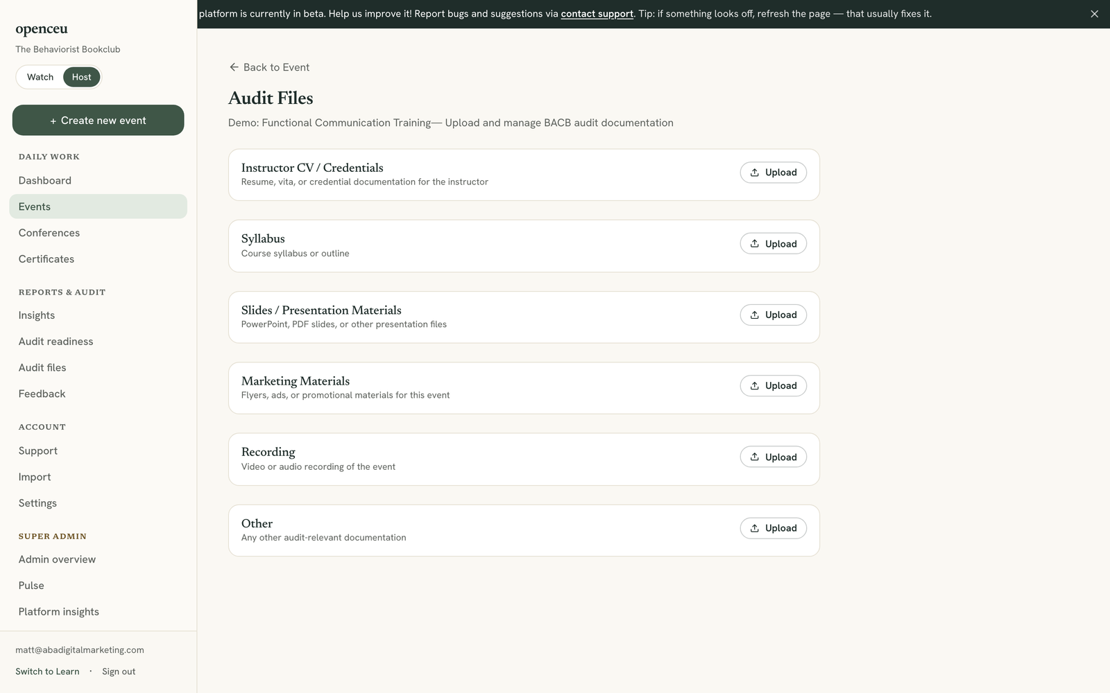 Upload button next to a file type category