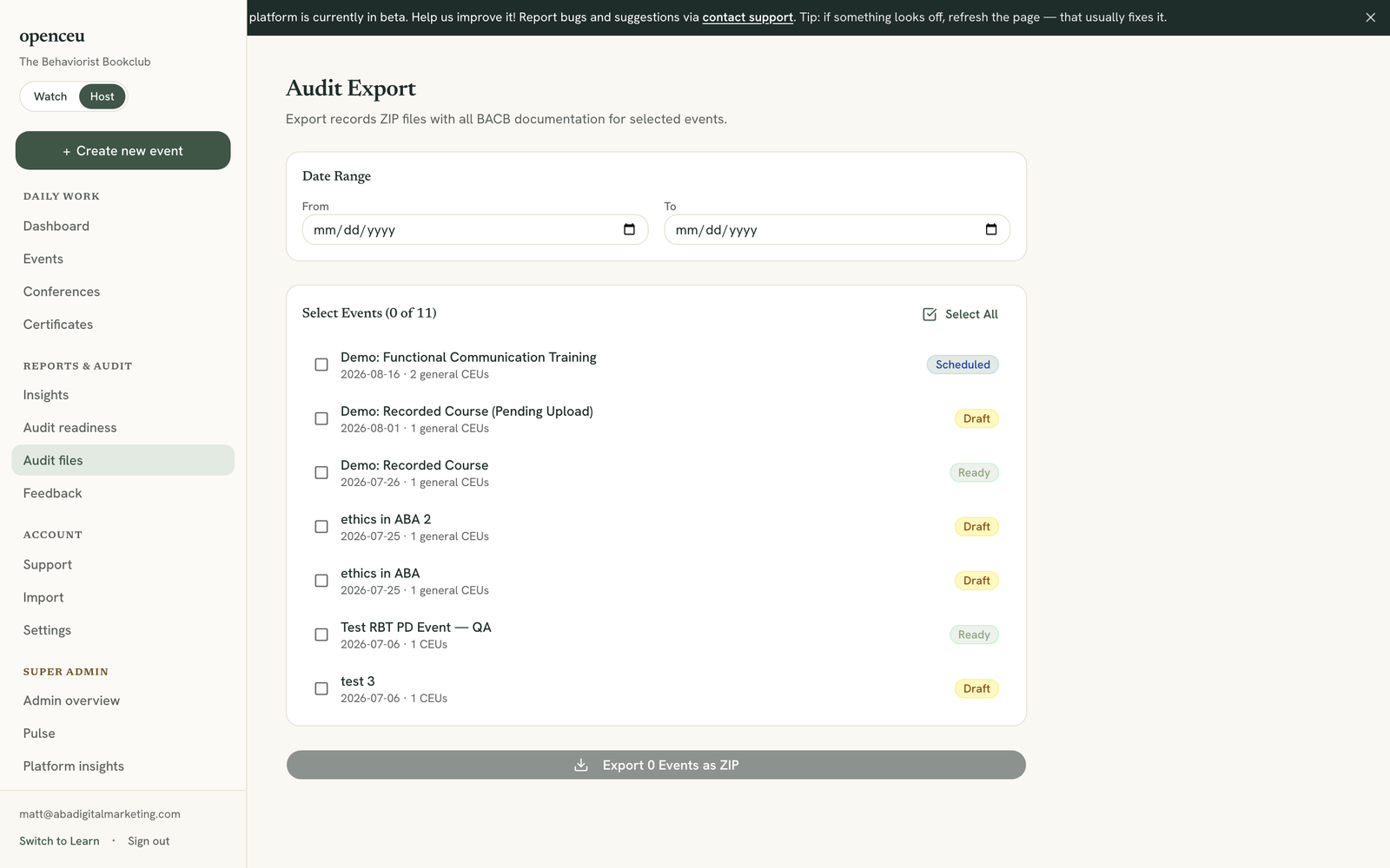 Audit Export page with a list of events to select