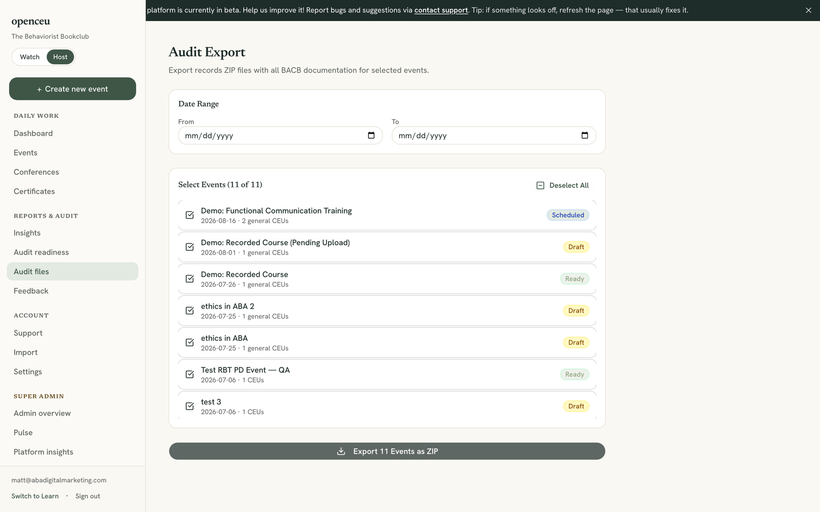 Events selected with the export button ready