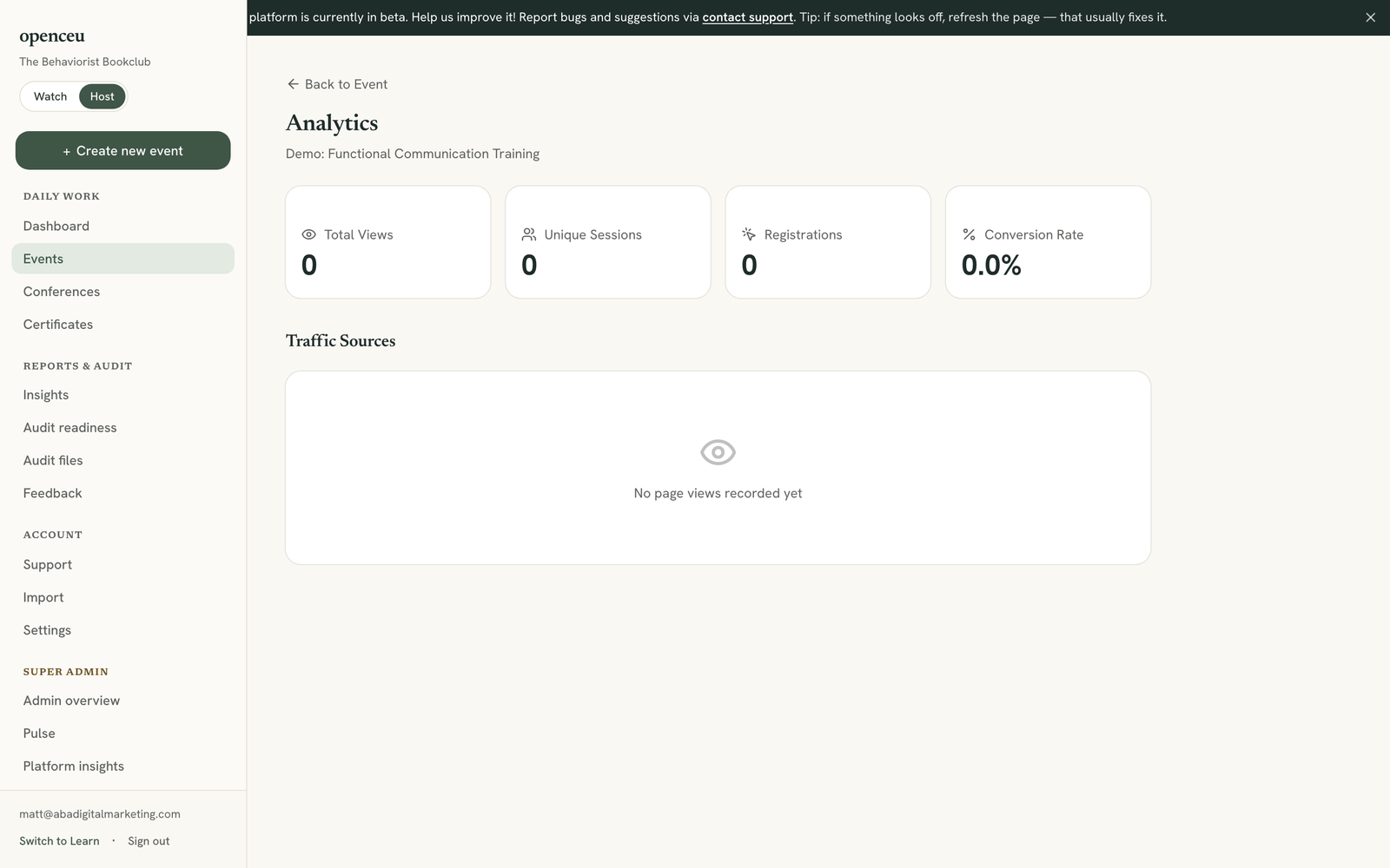 Event analytics page with view, session, and conversion metrics