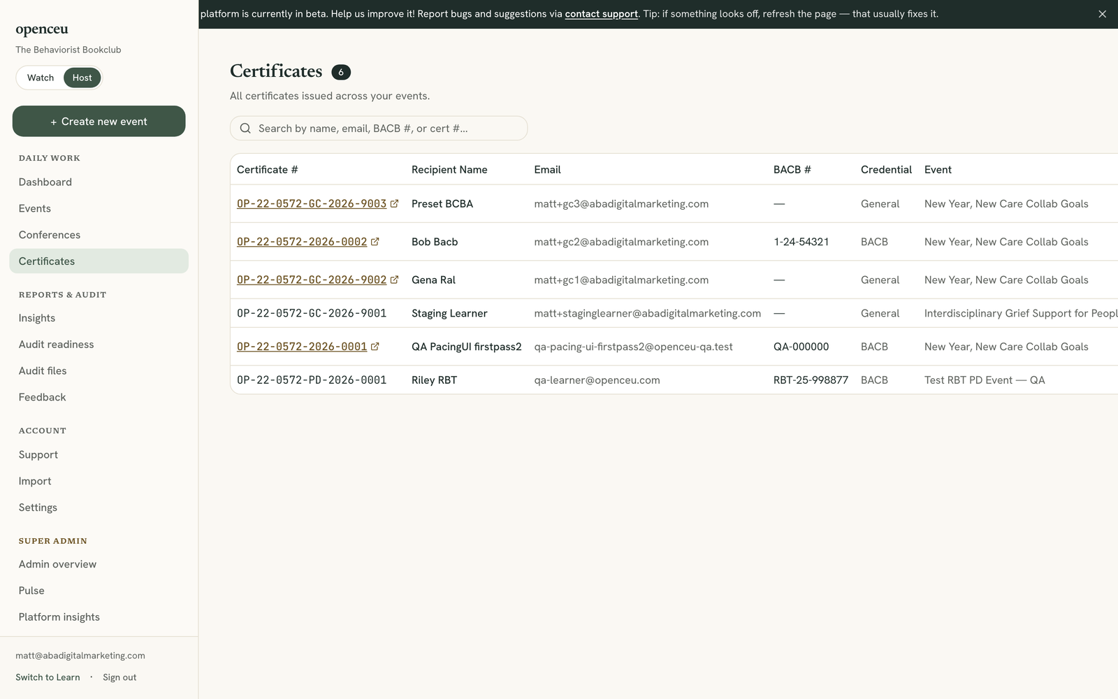 Certificates page listing every issued certificate