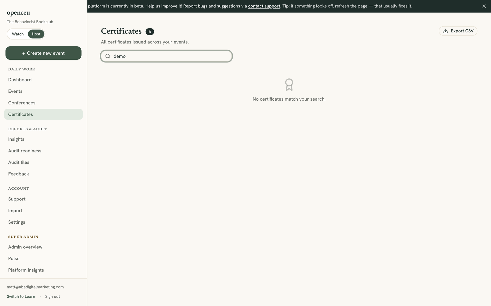 Search box filtering the certificate list