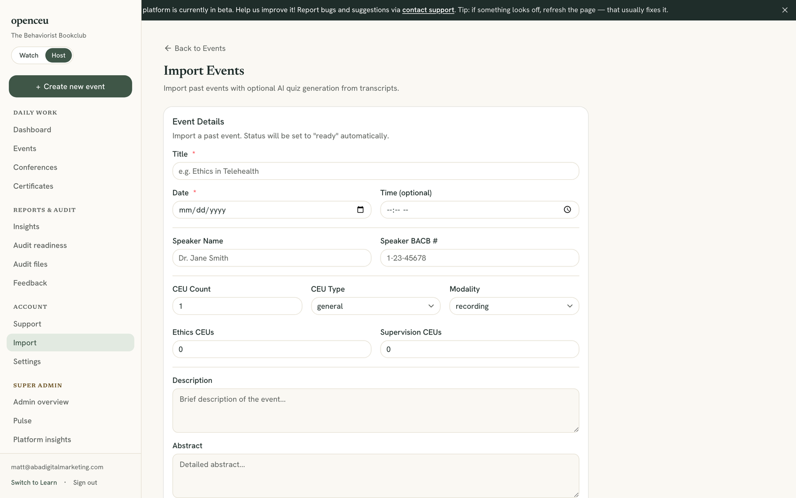 Import Events form with title, date, speaker, and credit fields