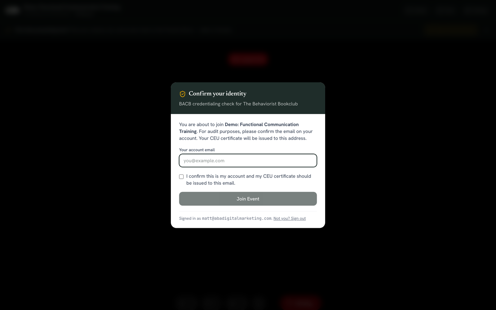 Identity confirmation screen asking the host to re-enter their email