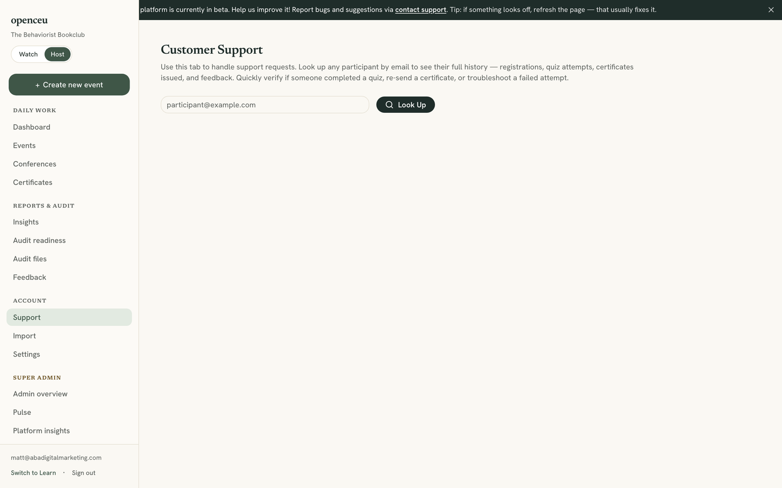 Support page with an email search box