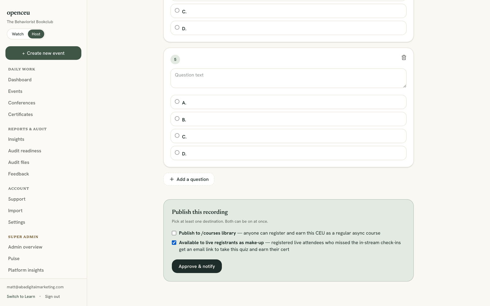 Make-up checkbox checked in the Publish this recording section