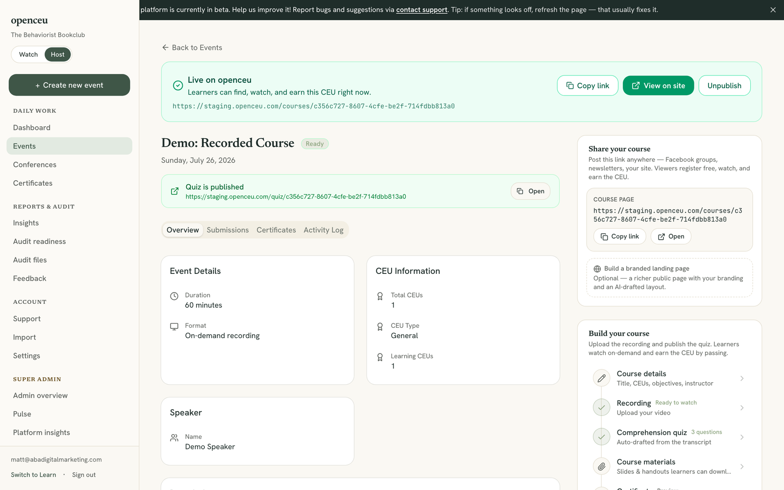 Event checklist with the Certificate step