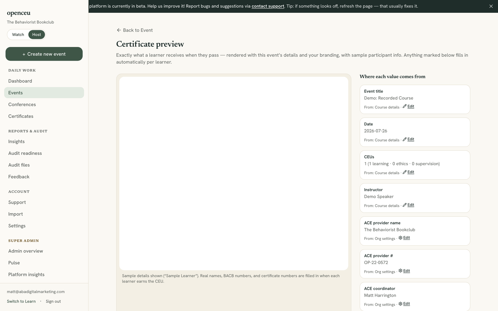Sidebar listing certificate fields with their source and an Edit link