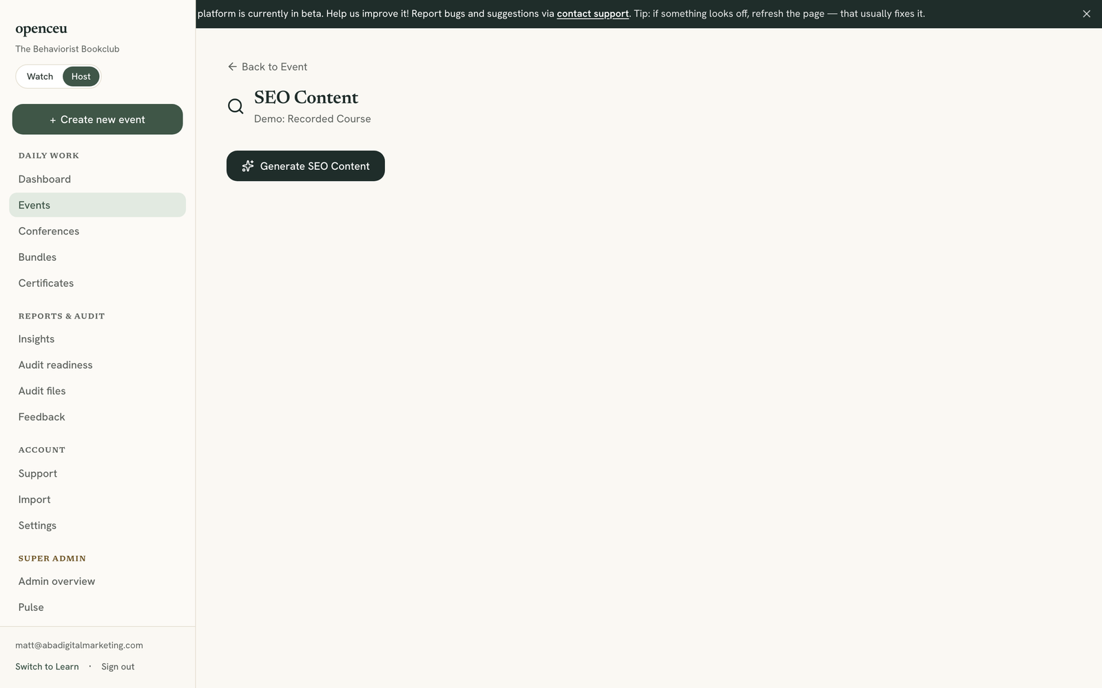 SEO Content tab with the Generate SEO Content button