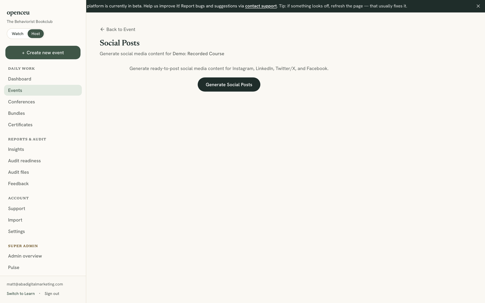 Social Posts tab with the Generate Social Posts button