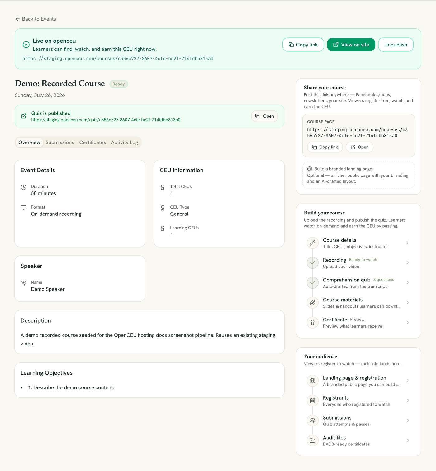 Live on openceu status banner with Copy link, View on site, and Unpublish buttons