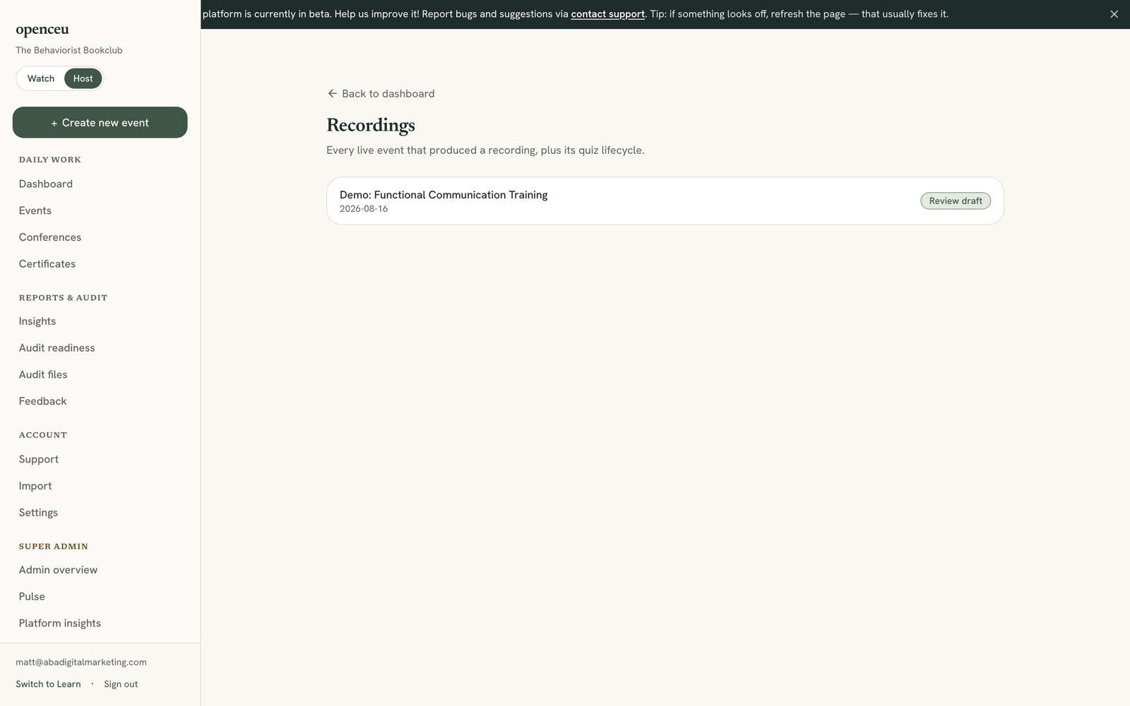 Recordings page listing events with their quiz status