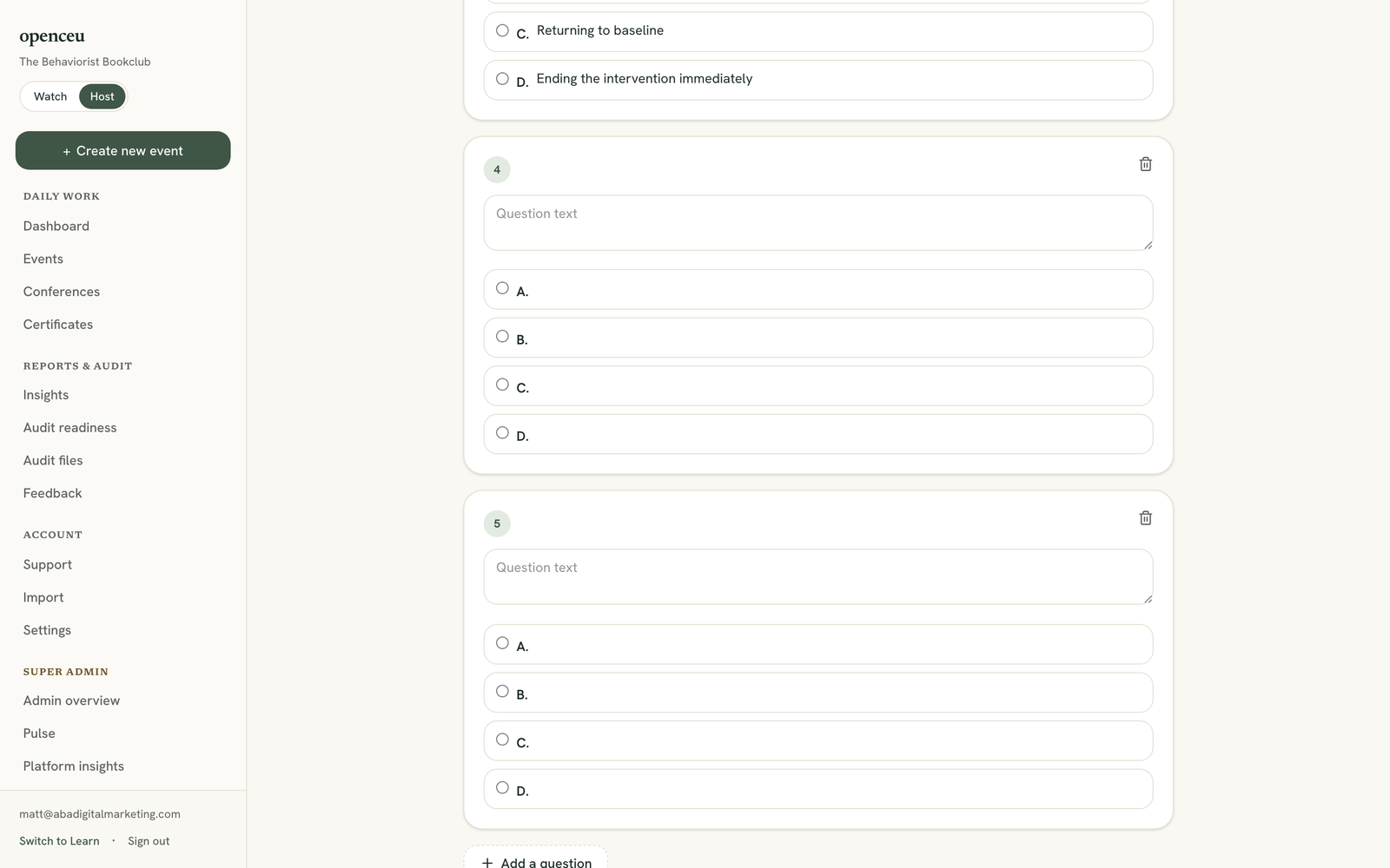 A new blank question added to the list