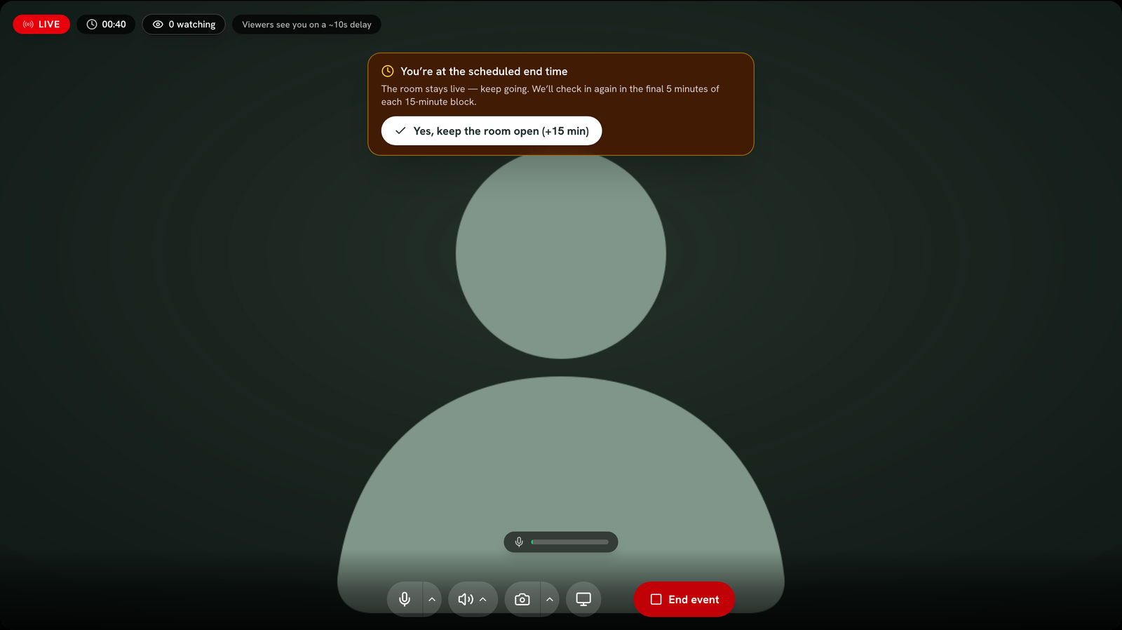 Prompt letting the host know the room is still open near the scheduled end time