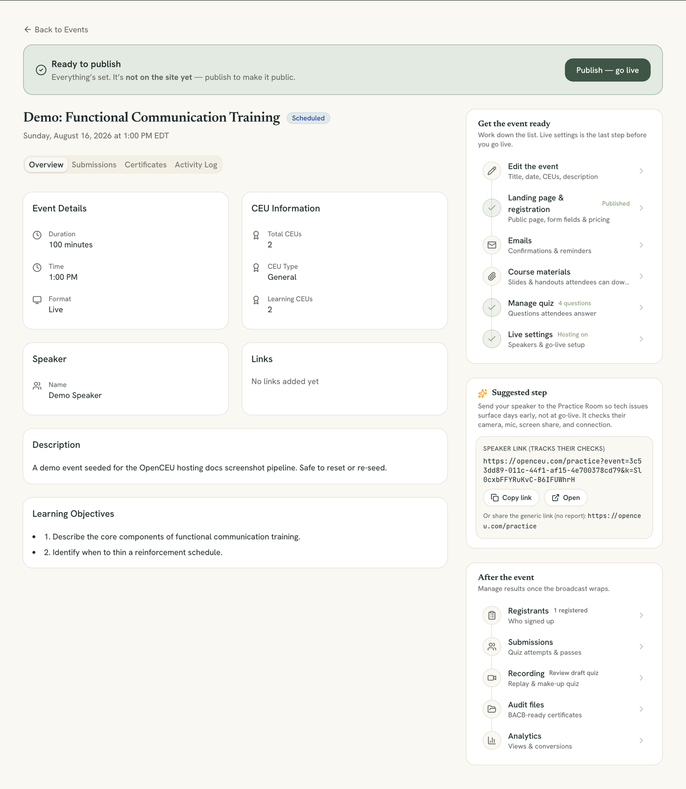 Suggested step card on the event page with a speaker practice link