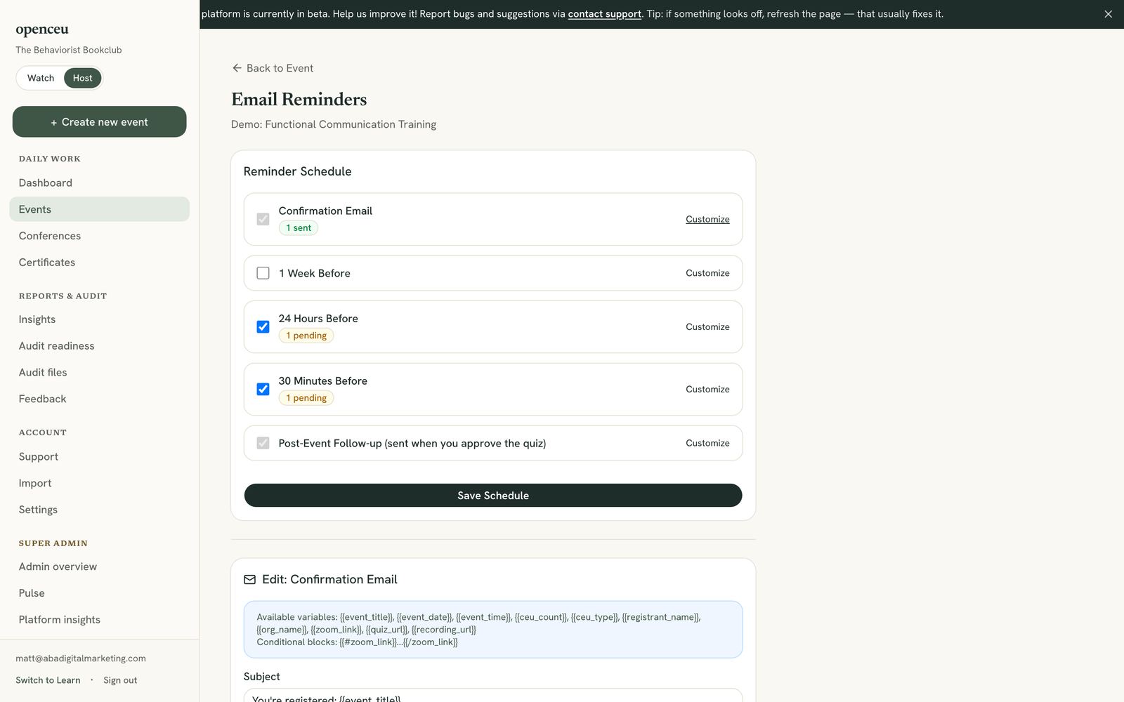 Email template editor with subject field and rich text body