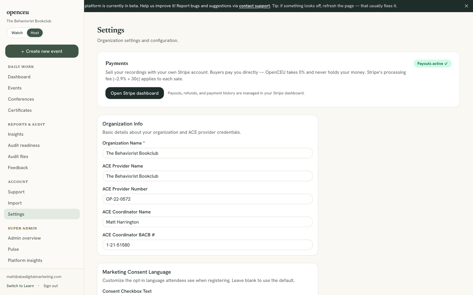 Organization Info card with name, ACE provider, and coordinator fields