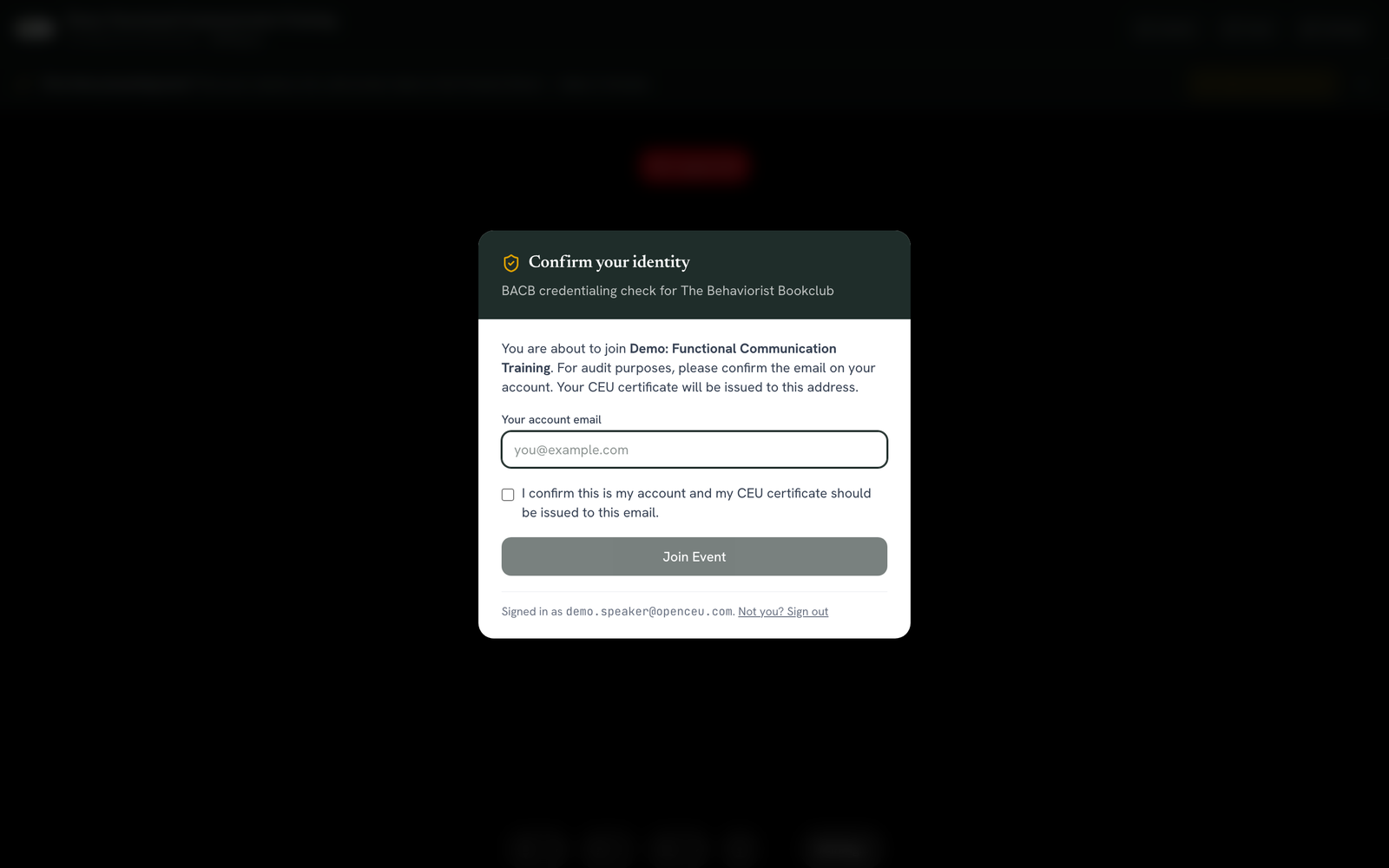 Identity confirmation screen asking the speaker to re-enter their email