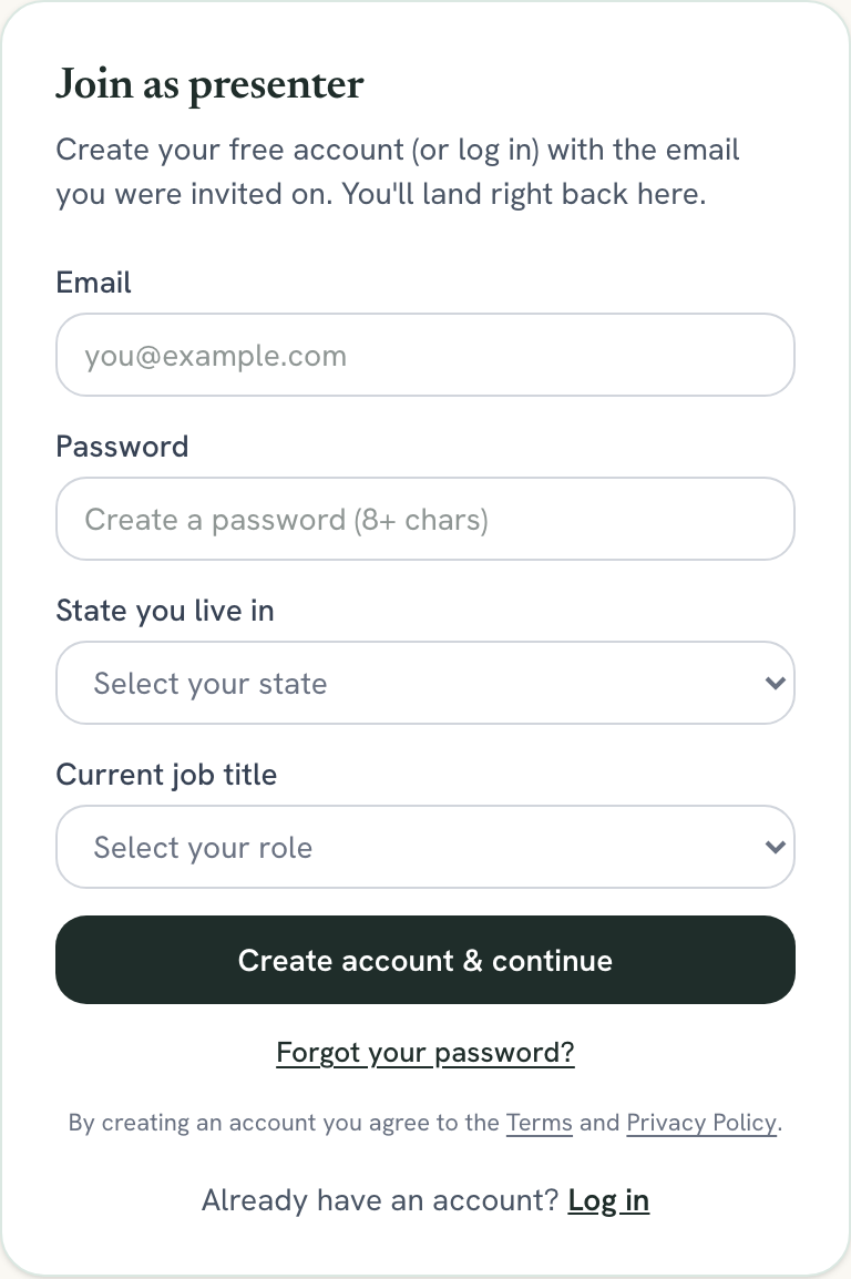 Join as presenter form with email, password, state, and job title fields