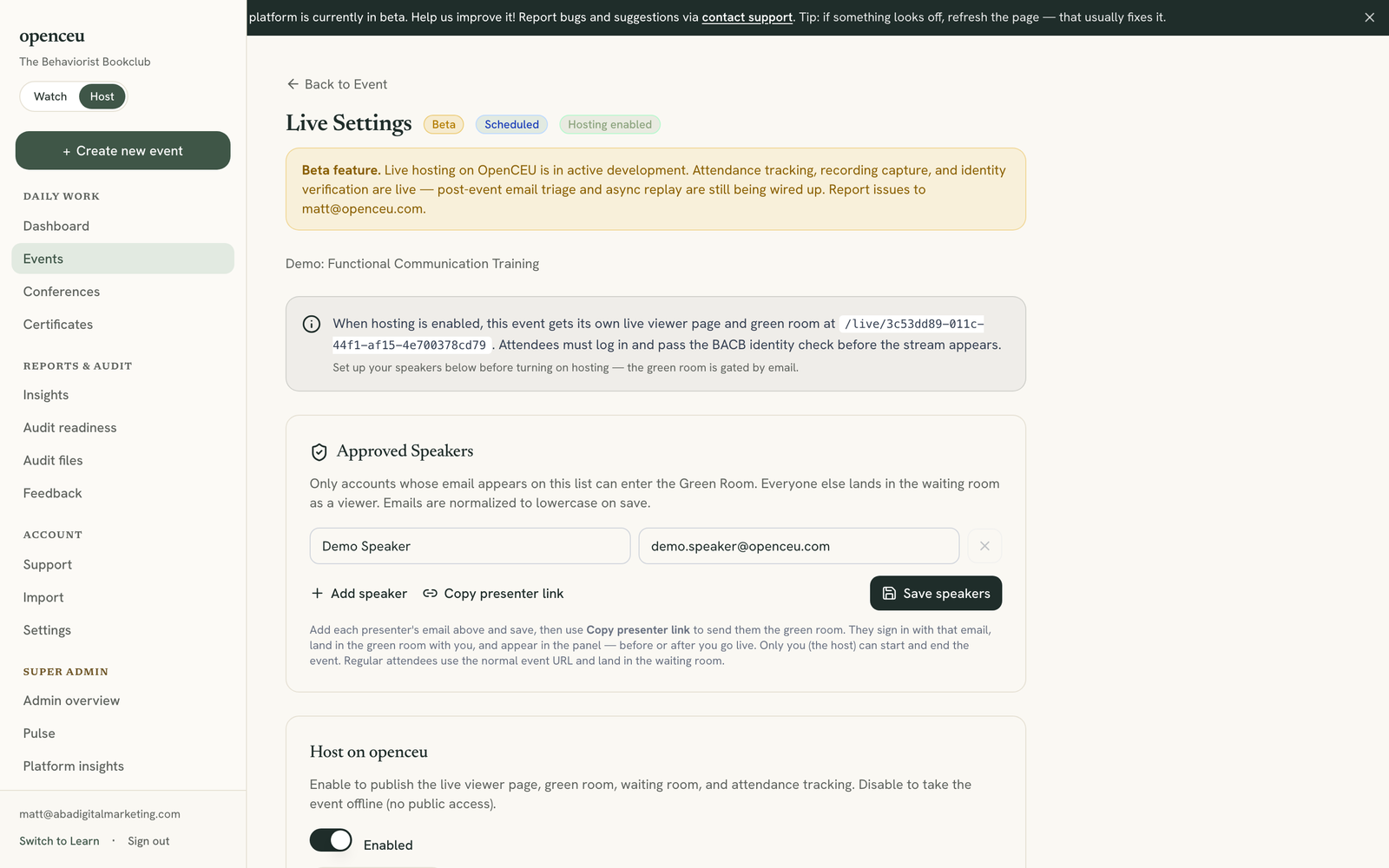 Event Links card with viewer page and green room links
