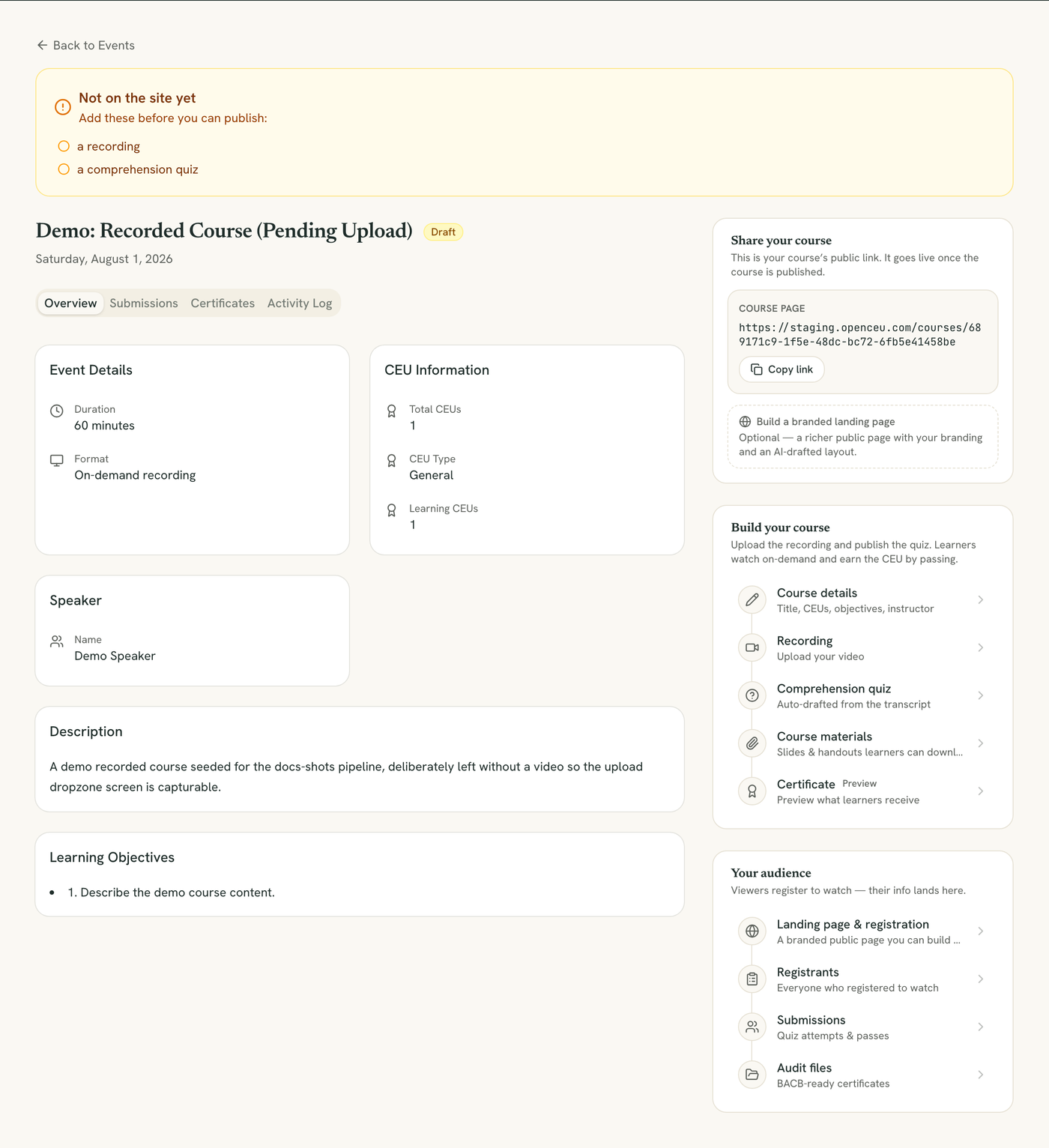 Host event page with the Recording checklist item