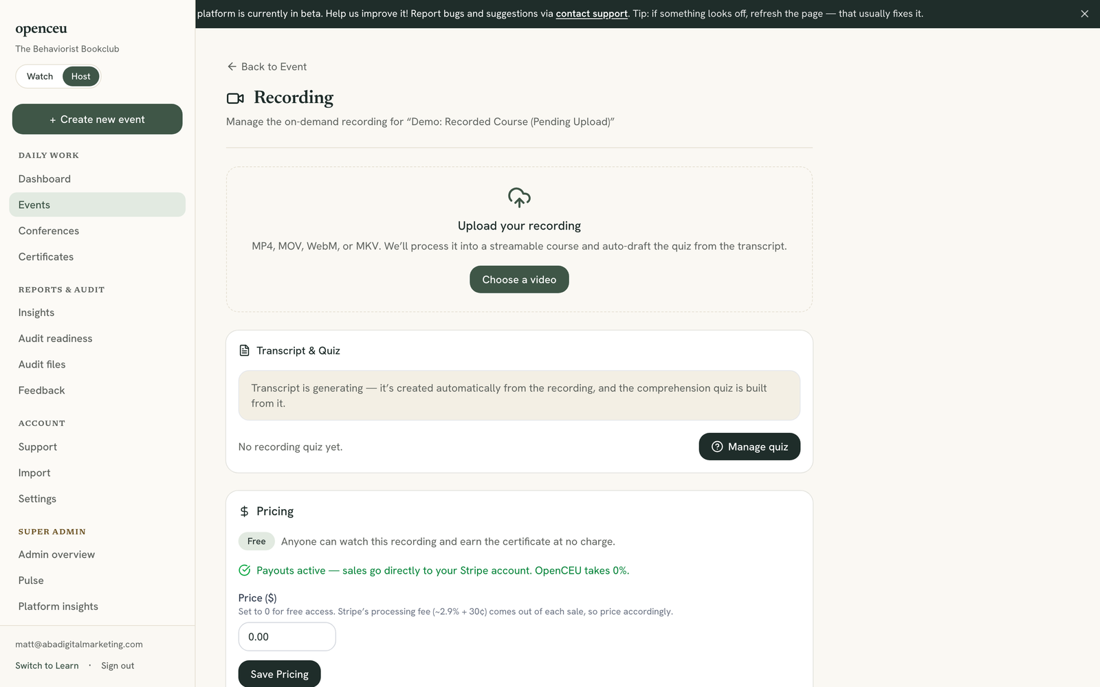 Upload your recording dropzone with a Choose a video button