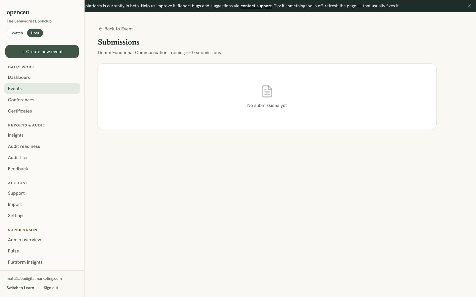 Submissions page listing quiz attempts for one event