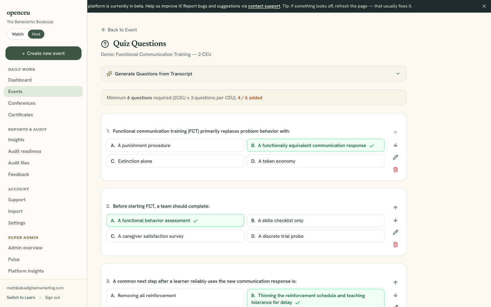 Event checklist with the Manage quiz step