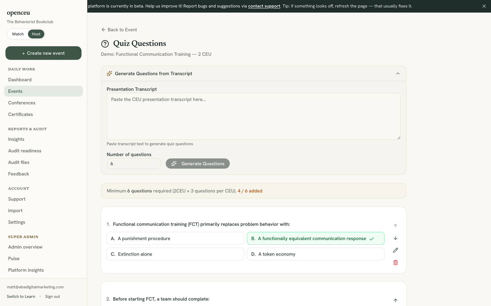 Generate Questions from Transcript panel with transcript field and question count