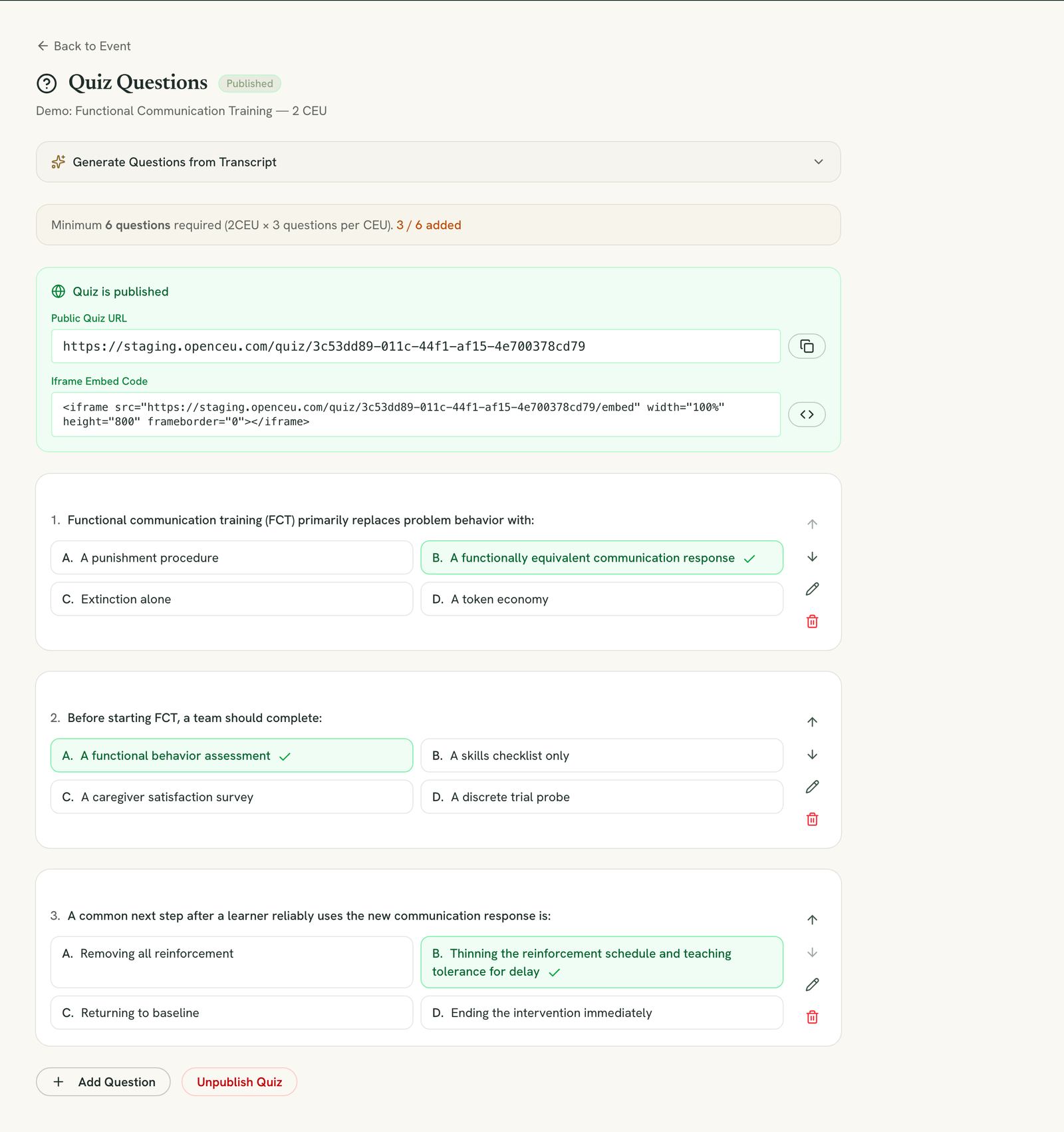 Publish Quiz button with the public quiz URL and embed code shown